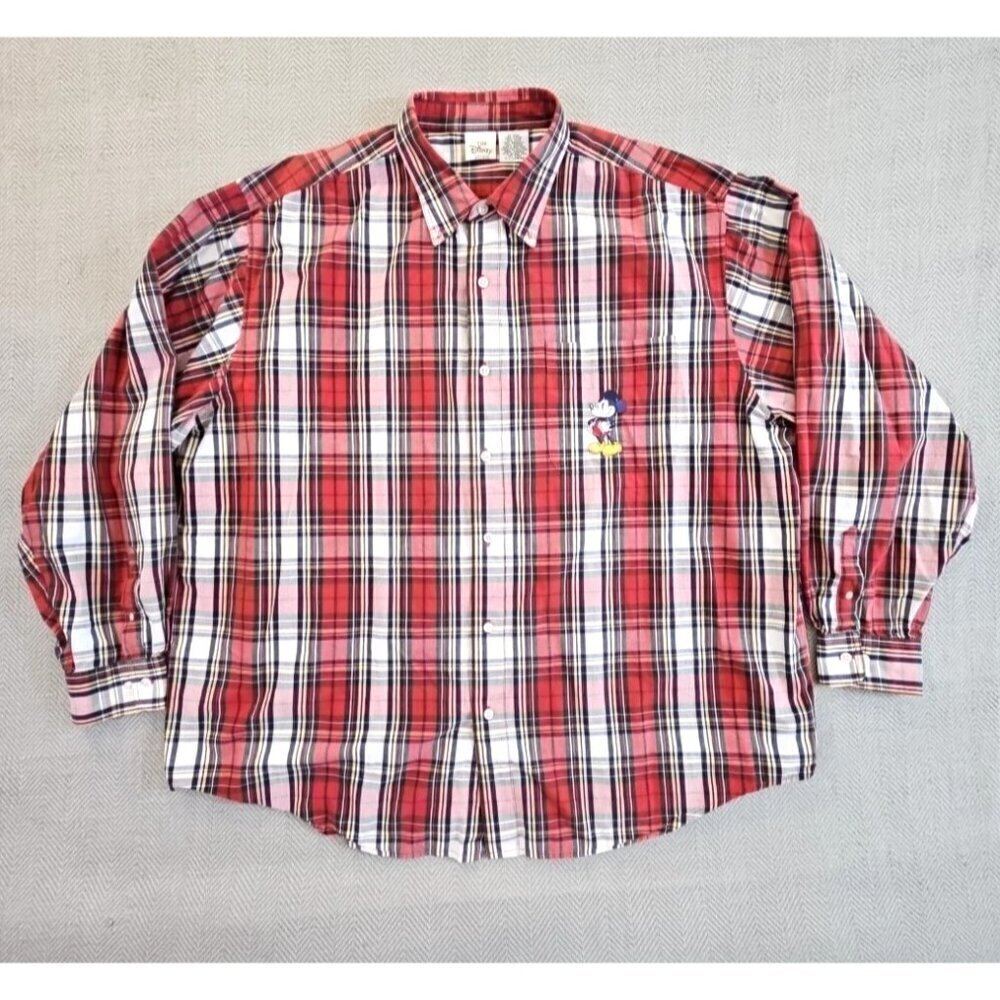 Disney Store Shirt Men's Red Plaid Size XXL Long Sleeve Button Down Mickey Mouse